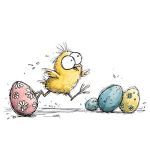 May include: A cartoon illustration of a yellow chick running past decorated Easter eggs. The eggs are pink, blue, and yellow, with floral patterns. The chick has large eyes and is mid-stride, creating a sense of movement.
