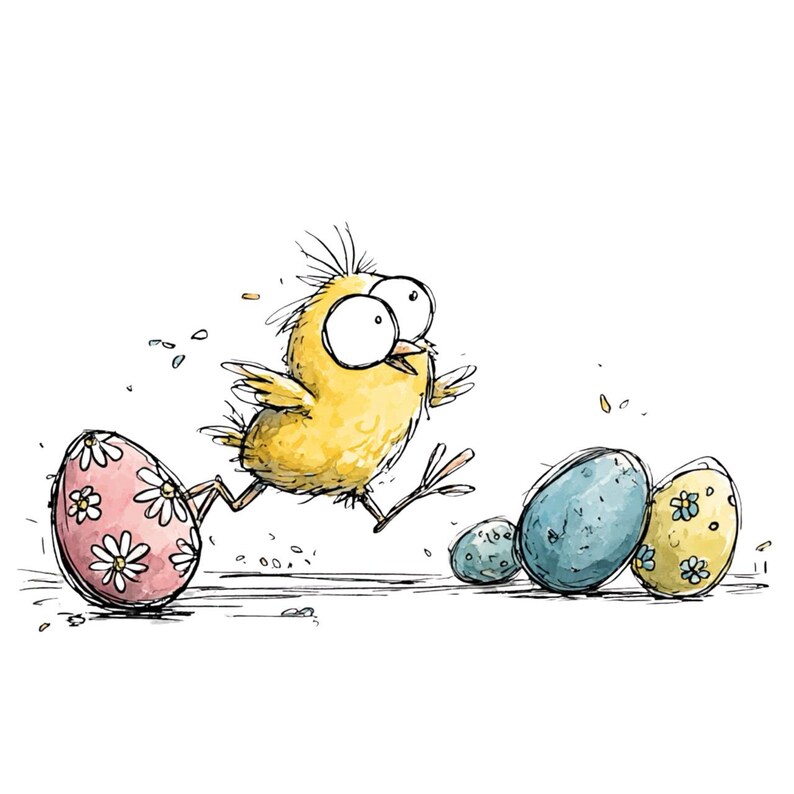 May include: A cartoon illustration of a yellow chick running past decorated Easter eggs. The eggs are pink, blue, and yellow, with floral patterns. The chick has large eyes and is mid-stride, creating a sense of movement.