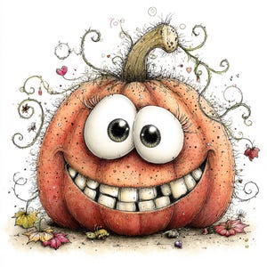 Può includere: Illustrazione di un simpatico cartone animato a forma di zucca con grandi occhi e un ampio sorriso. La zucca arancione presenta una superficie strutturata, viti e foglie, creando un tema di Halloween divertente e giocoso.