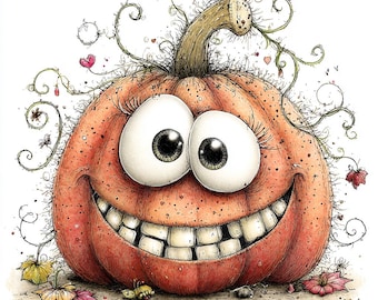 May include: A whimsical cartoon pumpkin with a large, toothy grin and oversized eyes. The orange pumpkin has a textured surface and is adorned with vines, leaves, and small details, creating a playful Halloween theme.