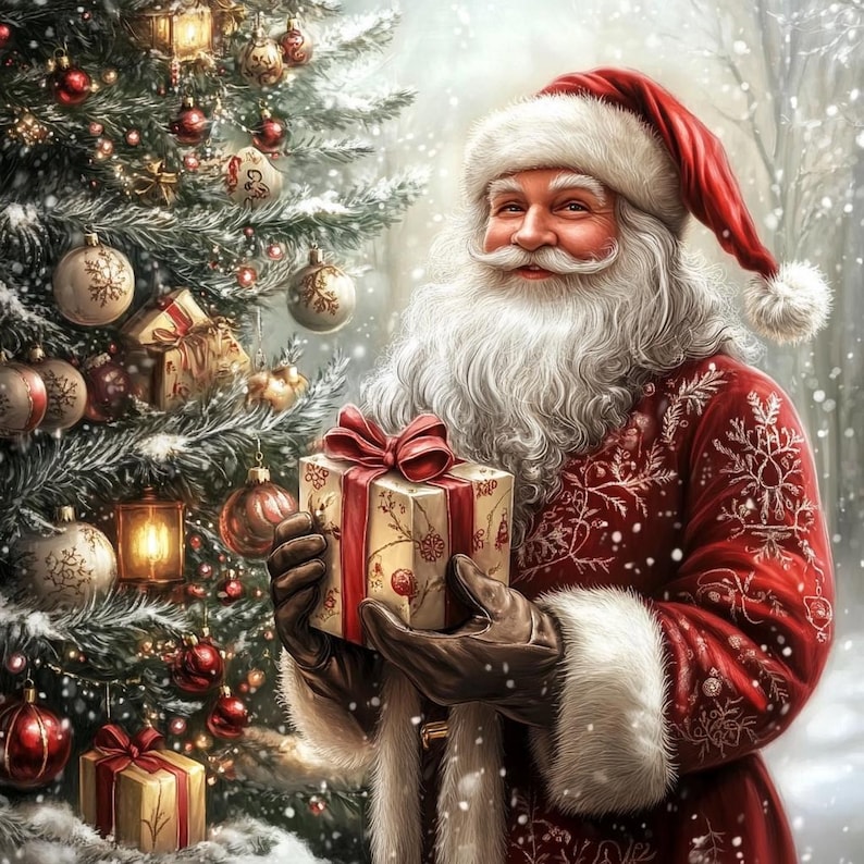 May include: Santa Claus with a long white beard wearing a red coat with white fur trim and a matching hat, holding a gift box wrapped in cream paper with a red ribbon. A decorated Christmas tree with ornaments and lights stands nearby.