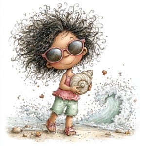 Op de afbeelding: Een grillige illustratie van een kind op het strand, met een roze zonnebril en een grote zeeschelp. Het kind draagt een roze top, groene shorts en sandalen. Een golf breekt op de achtergrond, met schelpen op het zand.