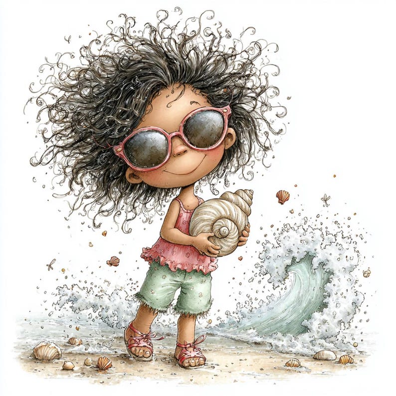 Op de afbeelding: Een grillige illustratie van een kind op het strand, met een roze zonnebril en een grote zeeschelp. Het kind draagt een roze top, groene shorts en sandalen. Een golf breekt op de achtergrond, met schelpen op het zand.