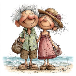 46 JPG grillige bejaarden paar strand clipart – grappige senior vakantie-illustraties voor kaarten, ambachten en geschenken JPG-set | Commercieel gebruik