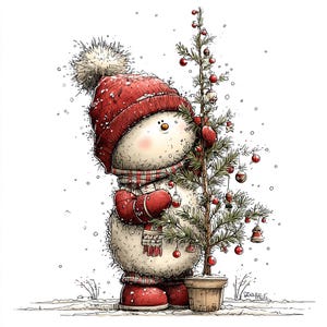 Puede incluir: Ilustraci&oacute;n caprichosa de un mu&ntilde;eco de nieve con gorro, bufanda, guantes y botas rojas, abrazando un peque&ntilde;o &aacute;rbol de Navidad adornado con adornos rojos. El mu&ntilde;eco de nieve tiene nariz de zanahoria y ojos de carb&oacute;n, sobre un fondo nevado.