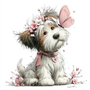 Könnte beinhalten: Eine Illustration eines weißen und braunen Hundes mit Blumenkranz und rosa Halsband. Ein rosa Schmetterling sitzt auf seinem Kopf. Rosa Blüten und Blütenblätter umgeben den Hund und schaffen eine bezaubernde, verspielte Szene.
