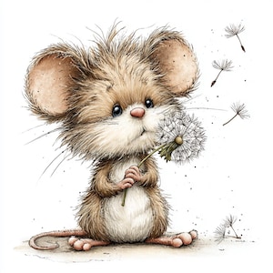 May include: A delightful watercolour illustration of a mouse with a dandelion. The mouse is depicted with brown fur, large ears, and a pink nose. Dandelion seeds are seen floating. The artwork has a whimsical feel, suitable for children's decor or greeting cards.