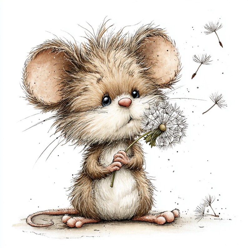 May include: A delightful watercolour illustration of a mouse with a dandelion. The mouse is depicted with brown fur, large ears, and a pink nose. Dandelion seeds are seen floating. The artwork has a whimsical feel, suitable for children's decor or greeting cards.