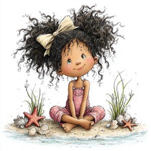 Op de afbeelding: Illustratie van een jong meisje met donker krullend haar en een grote strik, gekleed in een roze jumpsuit, zittend op een strand. De afbeelding bevat schelpen, zeesterren en gras.