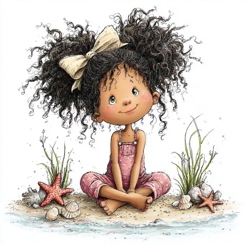 Op de afbeelding: Illustratie van een jong meisje met donker krullend haar en een grote strik, gekleed in een roze jumpsuit, zittend op een strand. De afbeelding bevat schelpen, zeesterren en gras.