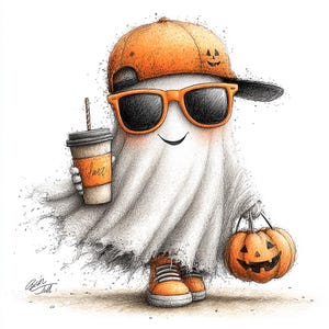May include: A cartoon ghost wearing orange sunglasses and a matching baseball cap with a jack-o'-lantern face. The ghost is holding a coffee cup with the word "fuzzi" and a carved pumpkin. The ghost is wearing orange sneakers.