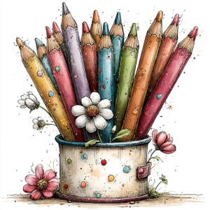 Peut inclure: Illustration à l'aquarelle d'une collection de crayons de couleur dans une tasse en métal moucheté, ornée de fleurs blanches et roses. Les crayons sont de différentes couleurs, dont le jaune, le rose, le bleu et le vert, avec des pointes taillées. La tasse a un bord bleu et une petite poignée.