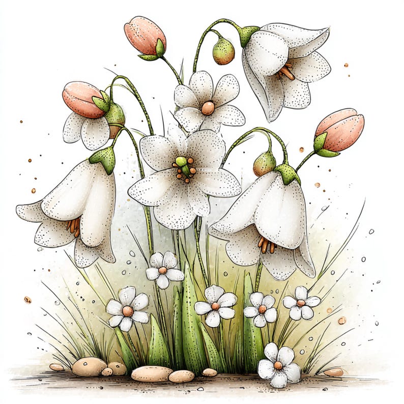Peut inclure: Illustration &agrave; l'aquarelle de fleurs blanches en forme de cloche et de petites fleurs en forme de marguerite avec des tiges et des feuilles vertes. Des bourgeons couleur p&ecirc;che et de petits galets sont &eacute;galement pr&eacute;sents. L'&oelig;uvre a un aspect doux et textur&eacute;.