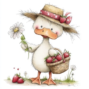 May include: A charming illustration of a duck wearing a straw hat with a pink polka dot ribbon and strawberry accents. The duck holds a daisy and a basket filled with strawberries. The artwork has a whimsical, storybook style.