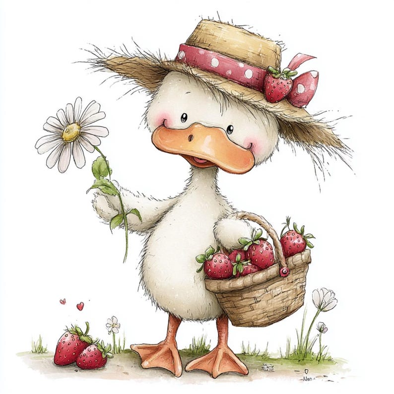 May include: A charming illustration of a duck wearing a straw hat with a pink polka dot ribbon and strawberry accents. The duck holds a daisy and a basket filled with strawberries. The artwork has a whimsical, storybook style.
