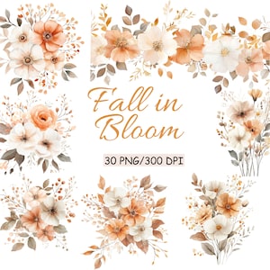 May include: Watercolor floral arrangements in shades of white, peach, and brown. The image features several bouquets and floral borders, with the words "Fall in Bloom" in elegant script. The image also includes the text "30 PNG/300 DPI".