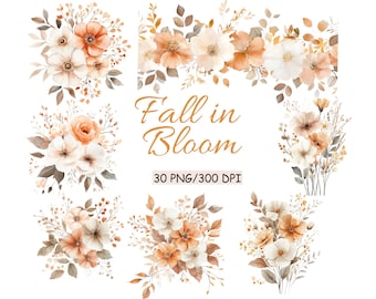 Clipart de flores de outono em aquarela: gráficos PNG florais de outono (download digital)