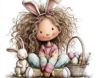 May include: Illustration of a girl with curly brown hair wearing bunny ears and a pink, blue, and yellow sweater. She sits cross-legged next to a white bunny and a basket of Easter eggs. The girl wears yellow sneakers.