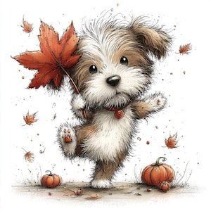 May include: A whimsical illustration of a small, fluffy dog holding a large red maple leaf. The dog is brown and white with a red collar, standing near pumpkins and falling leaves, evoking an autumn theme.