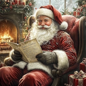 May include: Santa Claus with a long white beard and mustache, wearing a red velvet coat with white fur trim and black gloves, sits in a red armchair reading a handwritten letter. A fireplace with a fire and Christmas decorations are visible.