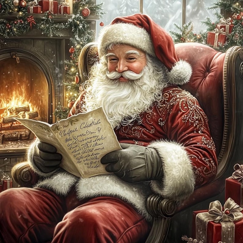 May include: Santa Claus with a long white beard and mustache, wearing a red velvet coat with white fur trim and black gloves, sits in a red armchair reading a handwritten letter. A fireplace with a fire and Christmas decorations are visible.
