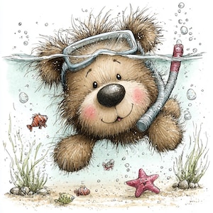 May include: A whimsical illustration of a teddy bear underwater, wearing a diving mask and snorkel. The bear has brown fur, a black nose, and rosy cheeks. Colorful fish, a starfish, and bubbles surround the bear, creating a playful underwater scene.