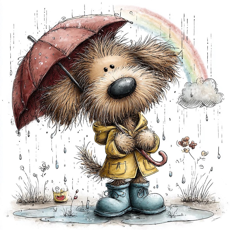 Cute Rainy Day Dog Clipart – Quirky Whimsical Puppy JPG, Dog With ...