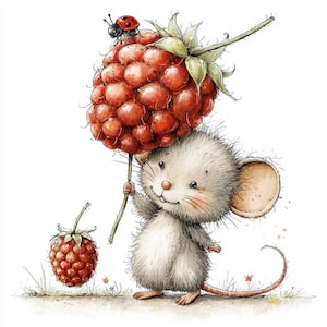 May include: A watercolor illustration of a cute mouse holding a large red raspberry with a ladybug on top. Another raspberry sits on the ground. The mouse has gray fur, pink ears, and a long tail. The image has a whimsical, storybook feel.