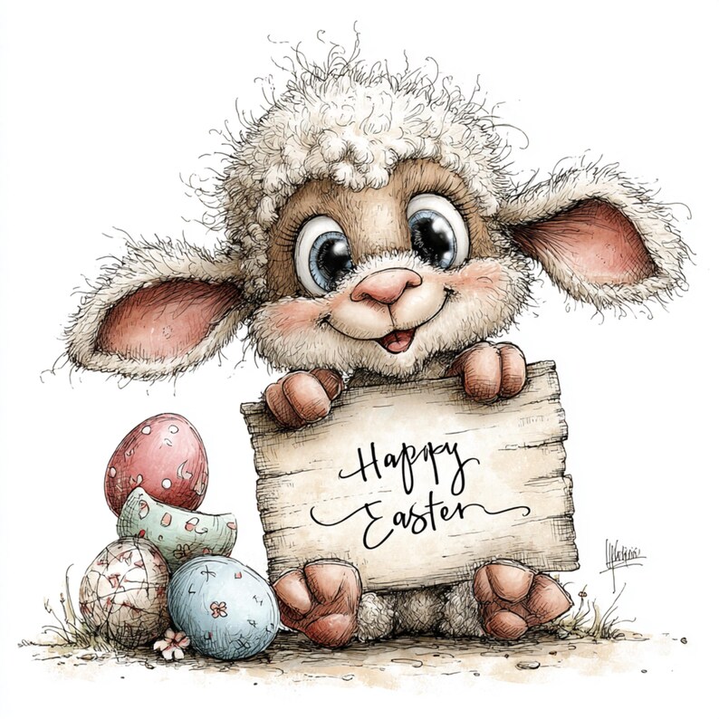 May include: A watercolor illustration of a cute lamb holding a wooden sign that says "Happy Easter." The lamb has fluffy white fur, big blue eyes, and is surrounded by decorated Easter eggs in pastel colors.