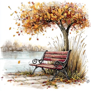 May include: A watercolor illustration of a wooden park bench with a dark metal frame, positioned under a tree with golden autumn leaves. The scene includes tall grasses, scattered fallen leaves on the ground, and a calm lake in the background.