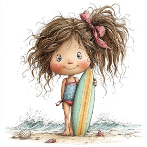 Op de afbeelding: Waterverfillustratie van een jong meisje met bruin krullend haar en een roze strik, dat een surfboard vasthoudt. Ze draagt een blauw en roze badpak en staat op een zandstrand met golven en schelpen.