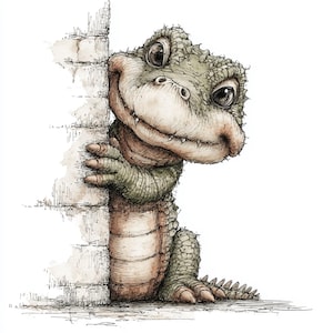 May include: A whimsical illustration of a friendly alligator peeking from behind a brick wall. The alligator has large, expressive eyes, a smiling mouth, and textured green and brown skin. The artwork is detailed with pen and ink and watercolor washes.