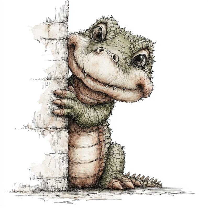 May include: A whimsical illustration of a friendly alligator peeking from behind a brick wall. The alligator has large, expressive eyes, a smiling mouth, and textured green and brown skin. The artwork is detailed with pen and ink and watercolor washes.