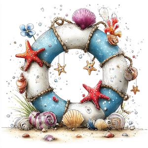 35 JPG grillige aquarel nautische clipartbundel – Strand oceaanillustraties voor zomerambachten, kaarten en decor JPG-set | Commercieel gebruik
