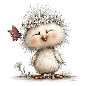 May include: A charming illustration of a fluffy chick with a daisy flower crown and rosy cheeks. A red butterfly rests near the chick's head. The chick stands on a patch of grass, with a few flowers nearby.