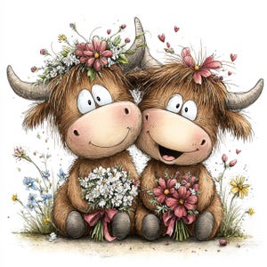 May include: A charming illustration of two cartoon Highland cows, each with large eyes and smiling faces. They are decorated with flower crowns and hold bouquets of flowers tied with pink ribbons. Hearts float above them.