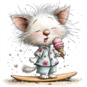 Puede incluir: Ilustración de dibujos animados de un gato blanco con camisa hawaiana y pantalones cortos, sosteniendo un cono de helado rosa. El gato está de pie sobre una tabla de surf, con una expresión feliz. Fondo blanco con flores y puntos.