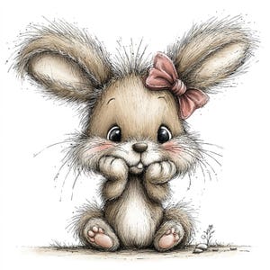 May include: A charming illustration of a bunny with large, expressive eyes and a pink bow. The bunny is depicted in a seated position, with its paws gently touching its chin. The artwork features soft, textured fur in shades of brown and beige.