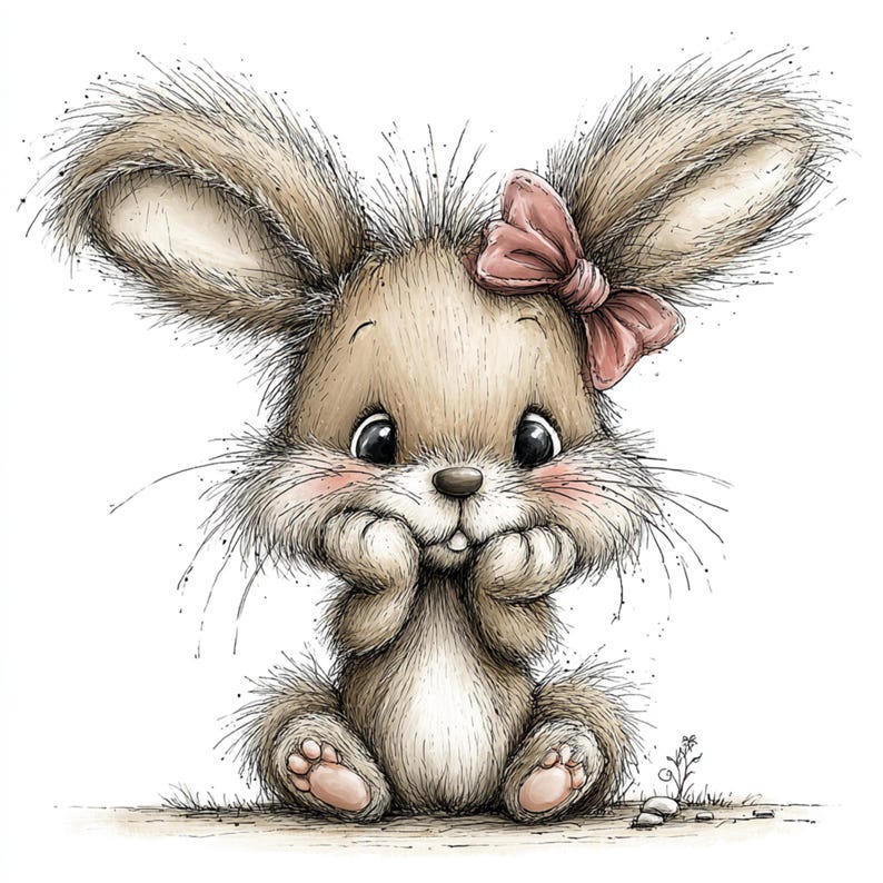 May include: A charming illustration of a bunny with large, expressive eyes and a pink bow. The bunny is depicted in a seated position, with its paws gently touching its chin. The artwork features soft, textured fur in shades of brown and beige.