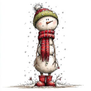 Puede incluir: Ilustraci&oacute;n de un mu&ntilde;eco de nieve caprichoso. El mu&ntilde;eco de nieve lleva una bufanda roja, un gorro verde y rojo y botas rojas. Los copos de nieve caen alrededor del mu&ntilde;eco de nieve, creando una escena invernal festiva.
