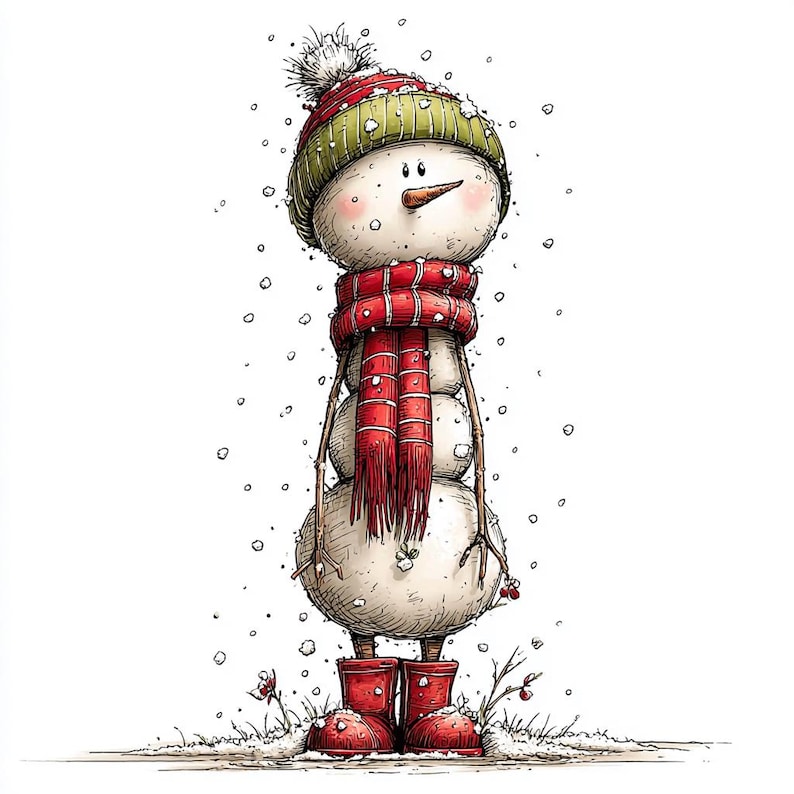 Puede incluir: Ilustraci&oacute;n de un mu&ntilde;eco de nieve caprichoso. El mu&ntilde;eco de nieve lleva una bufanda roja, un gorro verde y rojo y botas rojas. Los copos de nieve caen alrededor del mu&ntilde;eco de nieve, creando una escena invernal festiva.