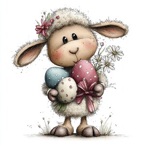 May include: A charming illustration of a sheep holding three decorated Easter eggs and a bouquet of daisies. The sheep has a floral crown and a pink bow on the eggs. The eggs are blue, pink, and white with polka dots and floral patterns.