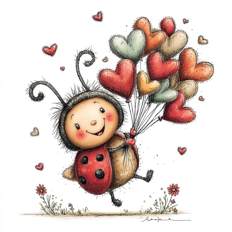 Peut inclure: Illustration fantaisiste d'une coccinelle tenant un bouquet de ballons en forme de c&oelig;ur de diff&eacute;rentes couleurs. La coccinelle a un visage souriant et est entour&eacute;e de c&oelig;urs flottants et de petites fleurs.