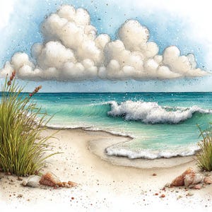 May include: A watercolour illustration depicts a beach scene with a turquoise ocean, white waves, and a sandy shore. Fluffy white clouds drift in a light blue sky. Green sea grass and small rocks are in the foreground. A tranquil coastal landscape.