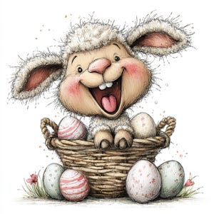 May include: A cartoon illustration of a smiling lamb with a basket of Easter eggs. The lamb has a pink nose, rosy cheeks, and a wide open mouth. The basket is woven, and the eggs are decorated with various patterns and colors.