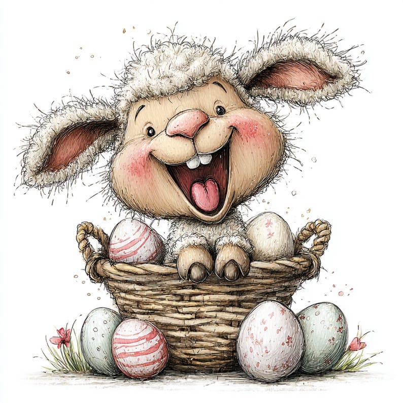 May include: A cartoon illustration of a smiling lamb with a basket of Easter eggs. The lamb has a pink nose, rosy cheeks, and a wide open mouth. The basket is woven, and the eggs are decorated with various patterns and colors.