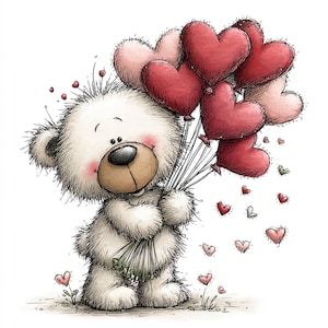 May include: A cute, cartoon-style teddy bear illustration. The bear is white with a brown nose and is holding a bouquet of flowers and a bunch of heart-shaped balloons in shades of red and pink. Small hearts float around the bear.