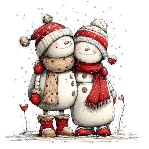Op de afbeelding: Een grillige illustratie van twee sneeuwmannen die elkaar omarmen. Ze dragen rood-wit gestreepte hoeden, bijpassende sjaals en wanten. De sneeuwmannen zijn gekleed in witte jassen met knopen en rode laarzen. Sneeuwvlokken vallen om hen heen.