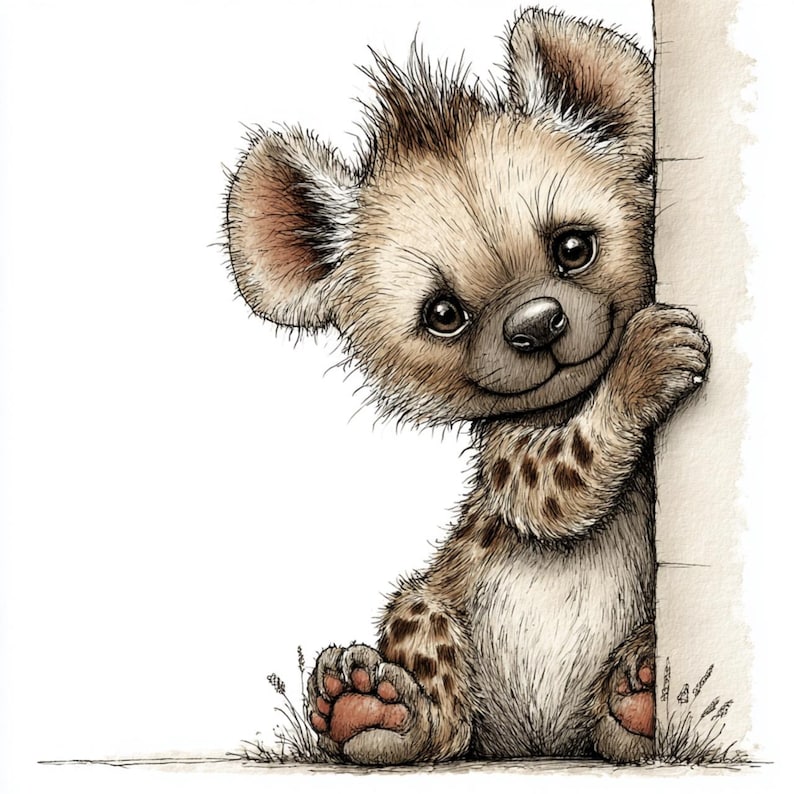 May include: A charming illustration of a cartoon hyena cub with a friendly expression. The hyena, in shades of brown and tan with spotted markings, peeks around a white surface. Its paws and ears are detailed, and it sits on a grassy area.