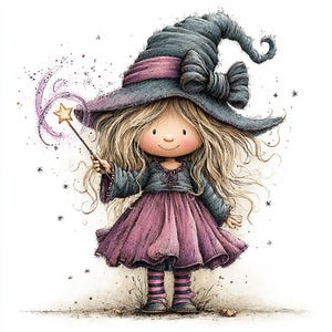 May include: A drawing of a character with long blonde hair wearing a large dark blue pointed hat with a bow, a dark blue long-sleeved top, and a purple skirt. The character holds a thin wand with a gold star tip, surrounded by purple sparkles.